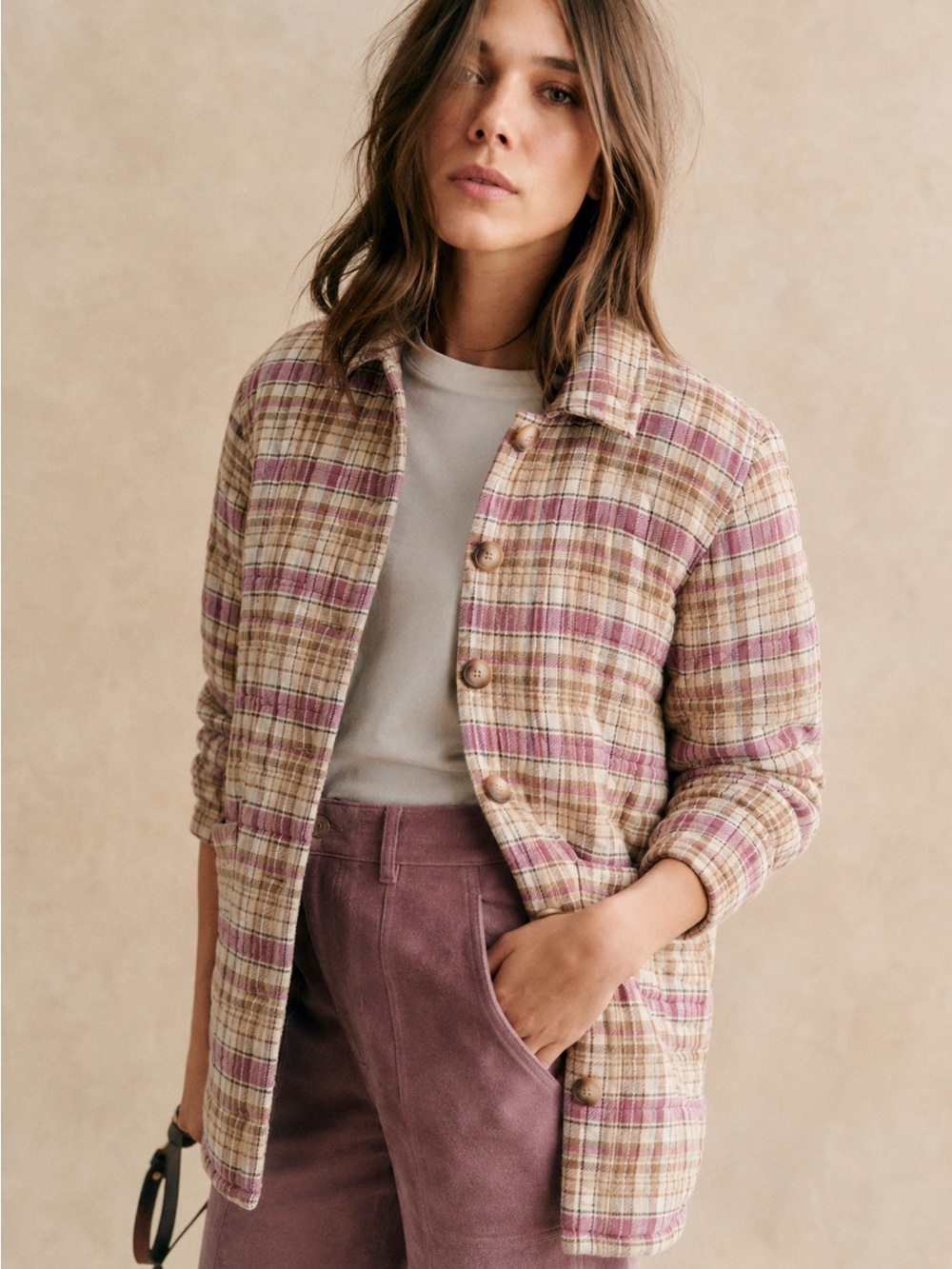 Sezane Will Jacket Violet Check Size Large Purple Plaid Chore Coat